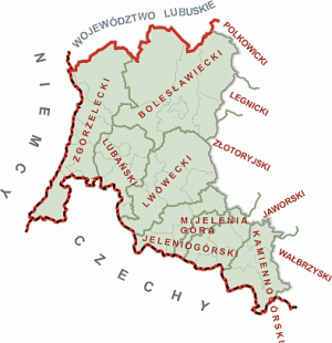 mapa obejmująca powiaty: zgorzelecki, bolesławiecki, lubański, lwówecki,jeleniogórski, kamiennogórski i miasto Jelenia Góra